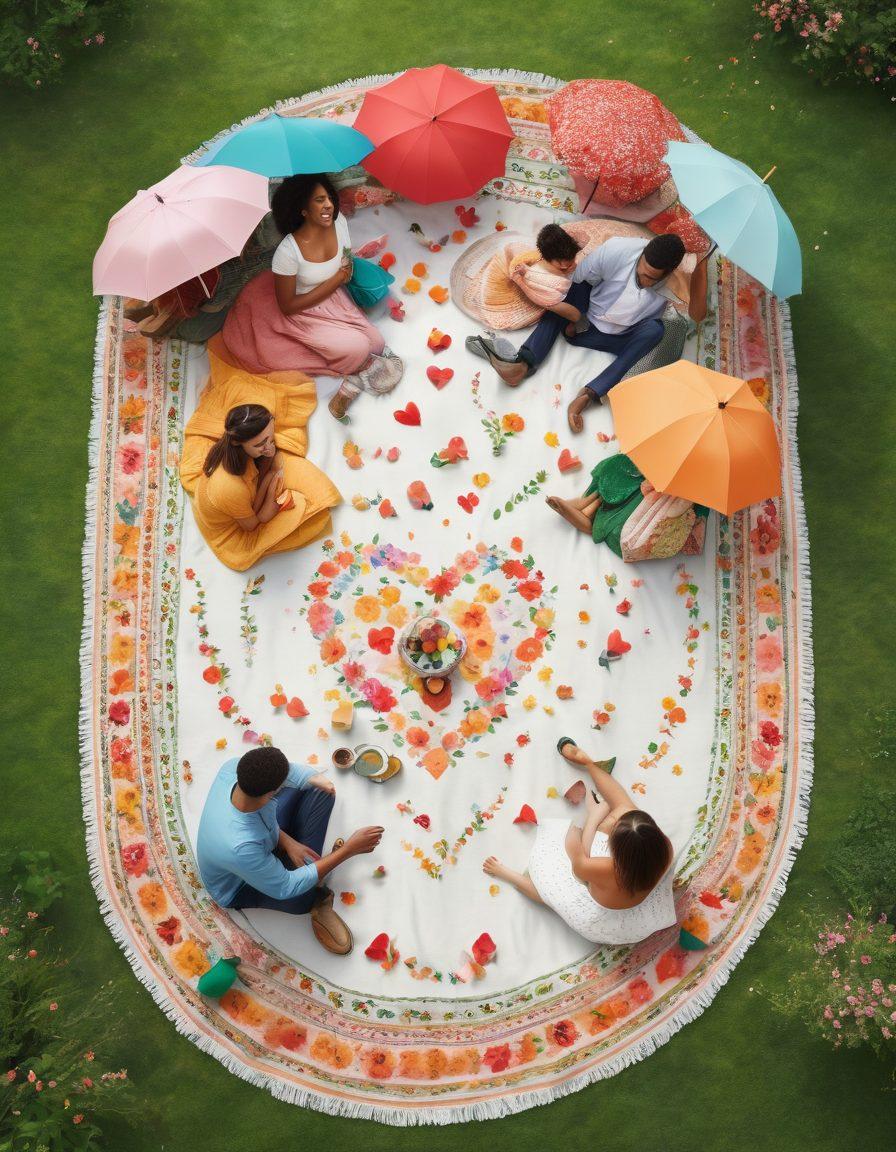 A warm, inviting scene of diverse couples enjoying life together, surrounded by symbols of love and safety, such as heart shapes, umbrellas, and insurance paperwork. Include elements representing various life stages, like a picnic in a park or a cozy home. Soft pastel colors to create a comforting atmosphere. super-realistic. vibrant colors. white background.