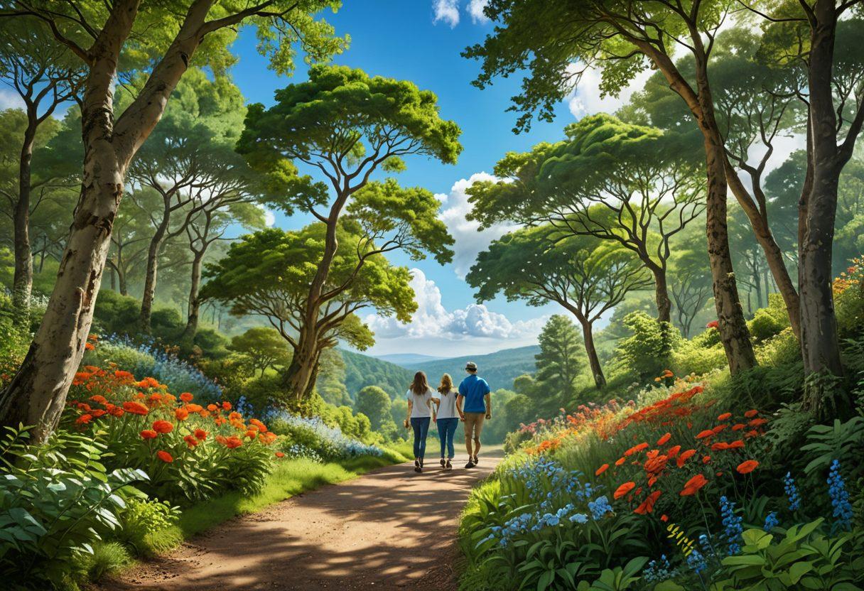 A serene landscape depicting a couple happily exploring a winding path through a vibrant forest, symbolizing love and life's journey. Alongside them, visual representations of insurance coverage like a protective umbrella and shield subtly integrated into the scenery. Include heart-shaped clouds in the sky to convey warmth and safety. The overall atmosphere should exude happiness and security. vibrant colors. super-realistic.