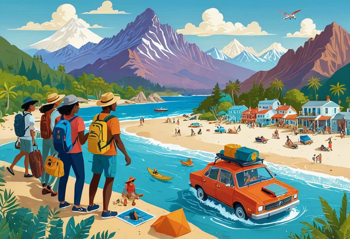 A whimsical illustration of various travelers exploring joyful adventures, featuring diverse landscapes like mountains, beaches, and cityscapes. Include symbolic elements of proper coverage like insurance documents and travel gear blending harmoniously with vibrant scenes of happy families and friends capturing memories. Make the overall tone uplifting and inviting, encouraging a sense of wanderlust. Bright colors, cartoon-style art.